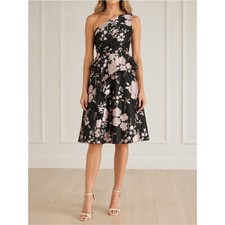 NWT Adrianna Papell Size 6 Black Pink Floral Jacquard One Shoulder Dress Peplum