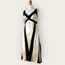 Oasis 100% Silk Dress 12 Multi Butter Yellow Black Panelled Midi Evening Party