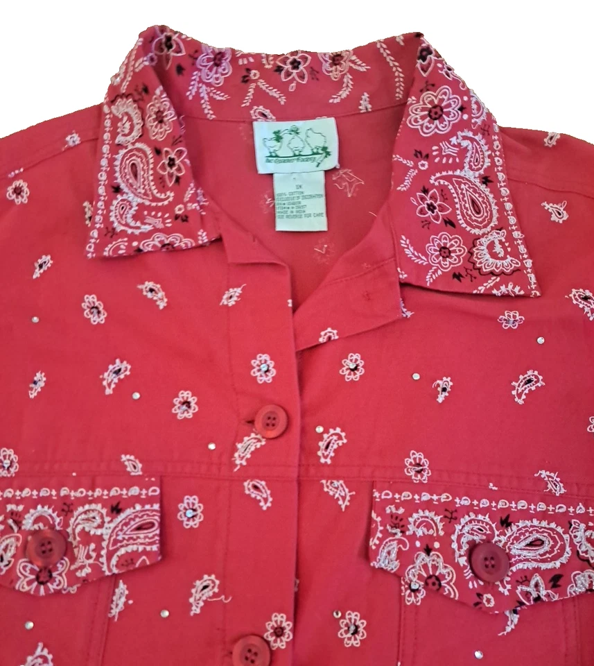 Womens Quacker Factory Bandanna Jacket Red Paisley Embellished Sequins Cotton 1X - Image 3 of 4