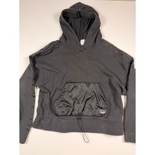Adidas Originals Womens Black Cropped Hoodie Satin Pocket Trefoil Medium M