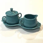 Homer Laughlin Fiestaware Turquoise Sugar & Creamer Set with Tray EUC