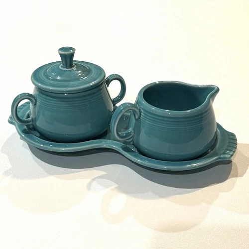 Homer Laughlin Fiestaware Turquoise Sugar & Creamer Set with Tray EUC