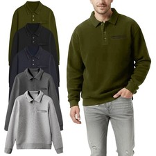 Men's Long Sleeve Plain Sweatshirt Fleece Polo Collared Warm Top Casual M-3XL