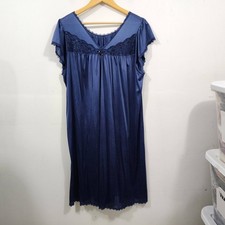 Shadowline Silhouette Knee Length Nightgown Blue Navy Rosette Lace Trim Size M