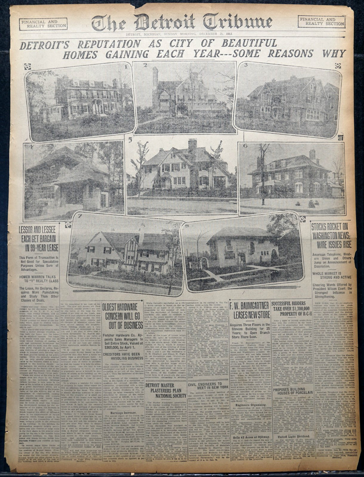 1913 Newspaper Sunday Real Estate Page - Beautiful Homes Of Detroit
