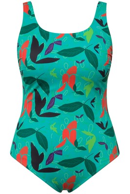 Ulla Popken Damen große Größen Badeanzug Blätter ohne Softcups Rundhals 827763