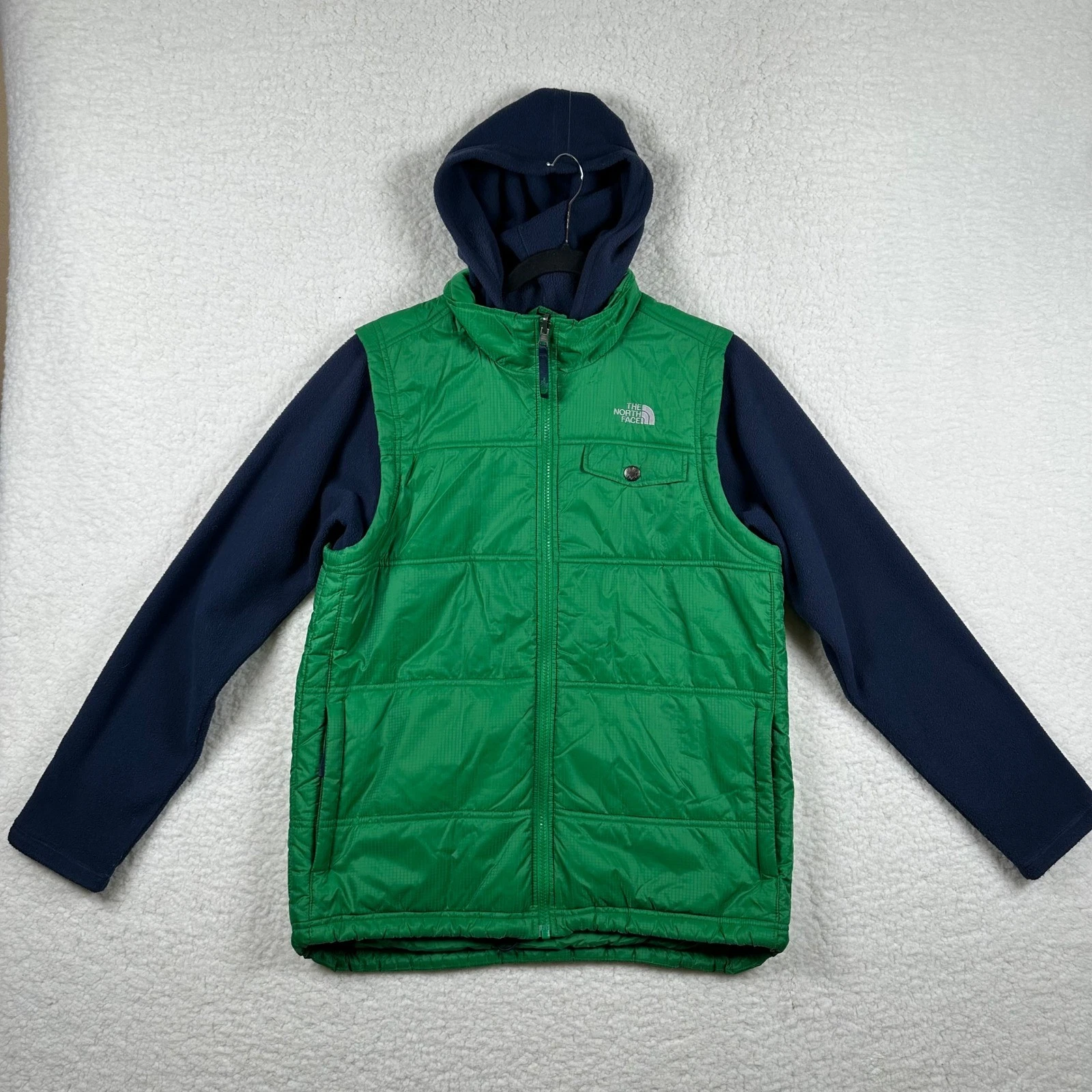 The North Face Boys XL 18/20 Green Quilted Vest Navy Fleece Hooded Jacket Hybrid