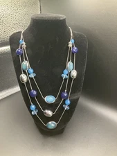 Jessica Blue Silver Layered Beaded Statement Glass Necklace 19-24"