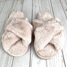 Pink Fuzzy Cozy Plush Cross Front Open Toe Slippers Size Medium