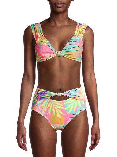 No Boundaries Juniors' Tropical Print Swim Top with Cap Sleeves, XL (15-17)
