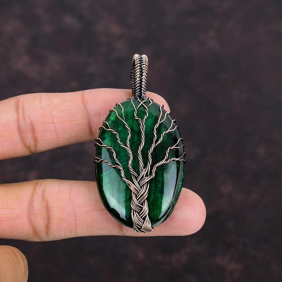 Green Fire Labradorite Copper Love Gift Wire Wrapped Tree Of Life Pendant 2.68" - Image 3 of 4