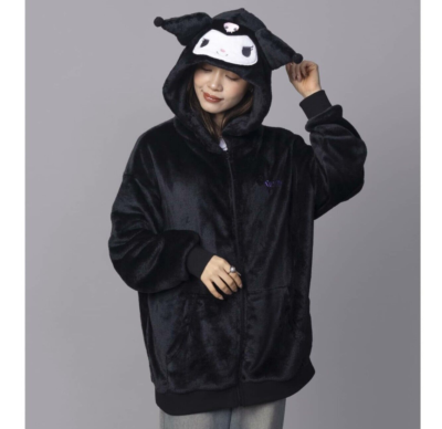 ✨サンリオクロミ KUROMI ZIP HOODIE XLサイズ✨ Kuromi Full Zip Hoodie with Ear Black Face Fluffy Boa Ladies One