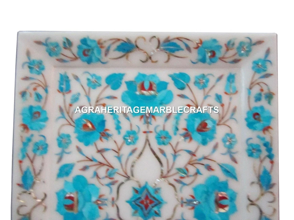 9"x12" Marble Serving Tray Plate Turquoise Inlay Marquetry Kitichen Decor H1404 - Image 4 of 4