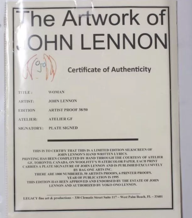 Rare Silk Screen Artists Proof of John Lennon's Handwritten Lyrics “Woman”  38/50