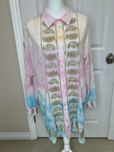 Soft Surroundings Size XL Gilded Paisley Tie-Dye Tunic Top Button Down Coverup