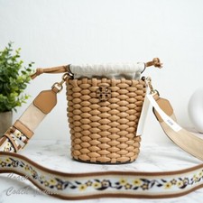 Tory Burch Emerson Woven Leather Mini Bucket Bag in Ginger Shortbread NWT
