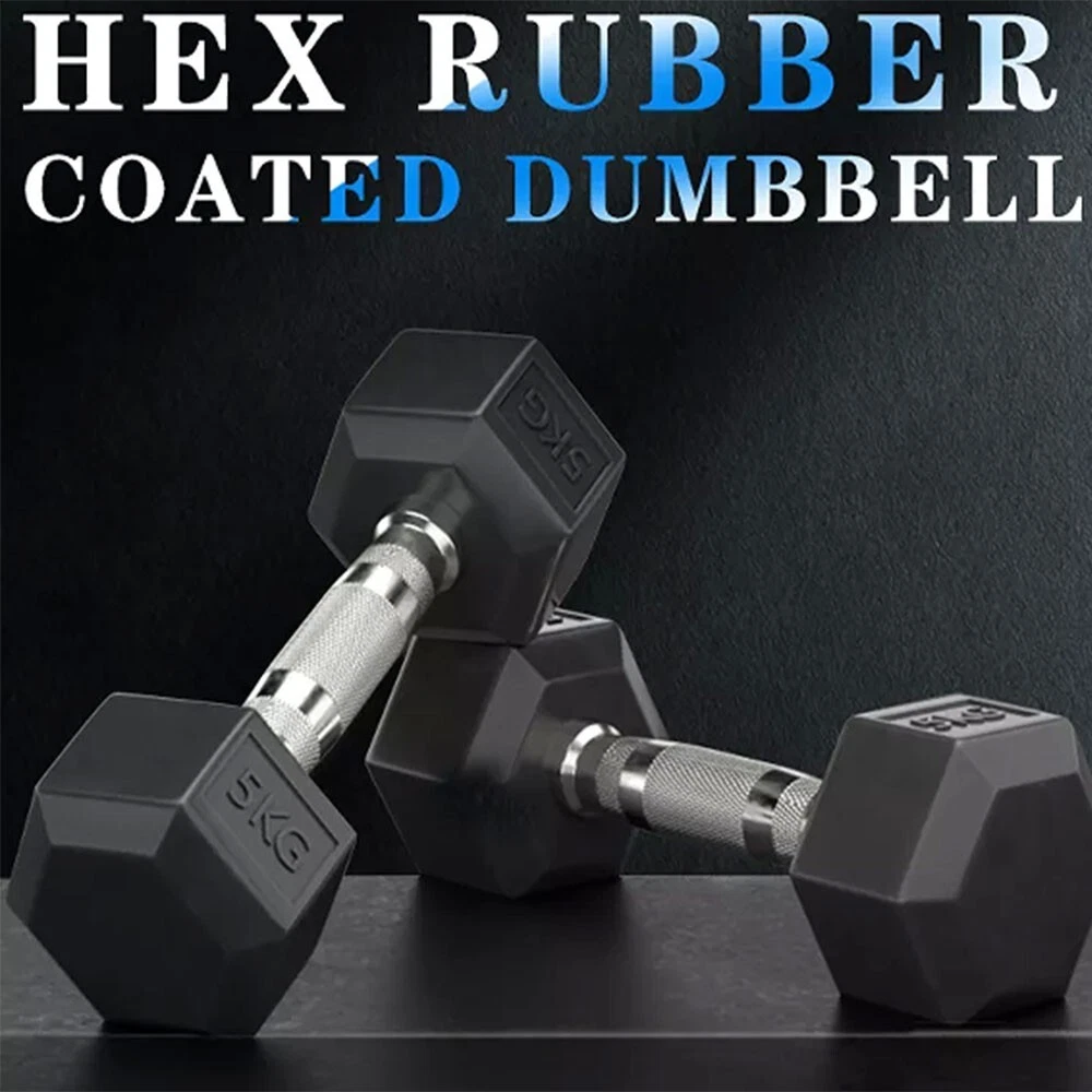 2x 5KG Hex Dumbbells Rubber Coated Dumbell Fitness Gym Hand Weights Strength