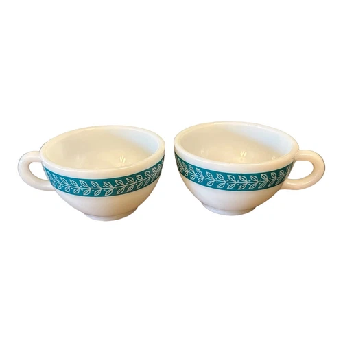 PYREX  Tableware Corning Autumn Bands Turquoise Coffee Cups Set Of 2 USA