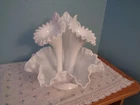 VINTAGE FENTON HOBNAIL MILK GLASS EPERGNE 3 HORNED RUFFED VASE