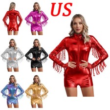 Womens Shiny Metallic Long Sleeve Bodysuit Tassels Leotard Jumpsuit Clubwear