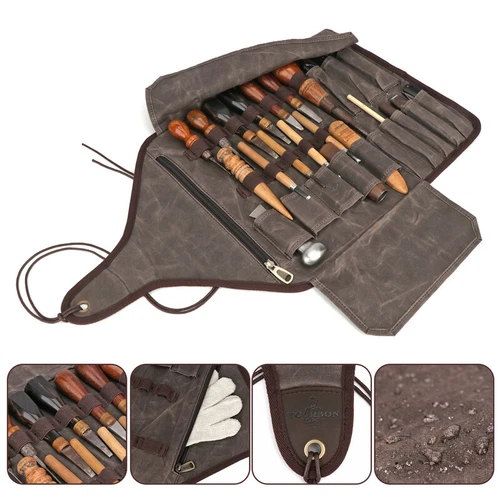 TOURBON Roll Carving Tool Organizer Bag Storage Holder Zip Pouch Wax Canvas