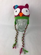 New Hand Knit Pink Green OWL FACE Ears Winter HAT Cap Child Kids W Tie Straps