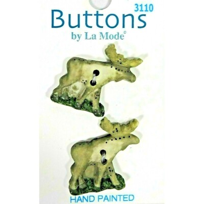 Vintage La Mode Moose Buttons Hand Painted Sewing Crafts Resin 2-Pc on Card NEW