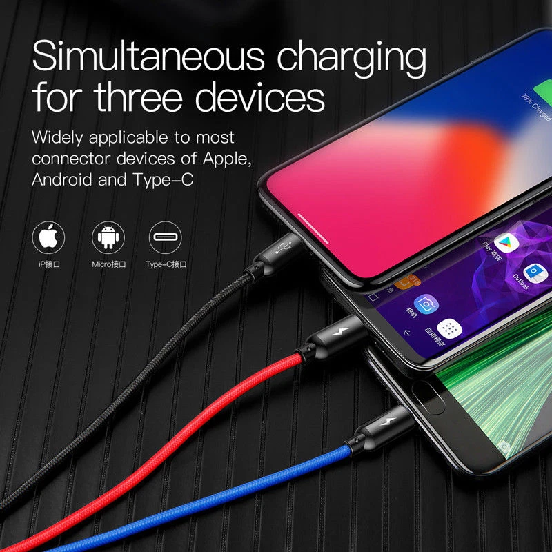 Baseus 3 in 1 Micro USB /Type C /IOS Fast Charging Charger Data Sync Cable Cord - Image 2 of 4