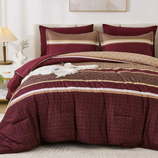 Burgundy Comforter Set King Size,7 Pieces Maroon Striped Bed in a Bag Comforter