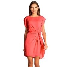 Halston Heritage Twist Front Boat Neck Drape Short Sleeve Dress Coral Red Small