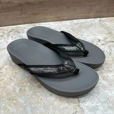 Vionic Sandals Womens Size 9 Black Gray High Tide Foil Wedge Flip Flop Slides