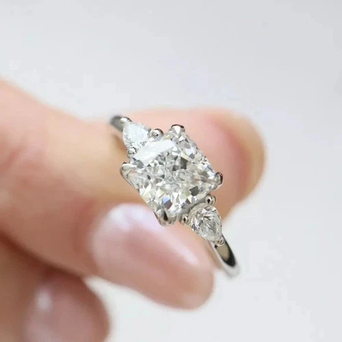 Three-Stone Engagement Ring 2 Ct Cushion Cut Moissanite 14K White Gold Plated