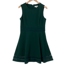 Calvin Klein Forest Green Sleeveless Fit Flare Dress Mesh Hem Cocktail 12P