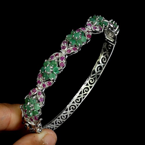 925 Sterling Silver Bangle Round Emerald 3mm Ruby Flower Gemstone Jewelry - Picture 2 of 13