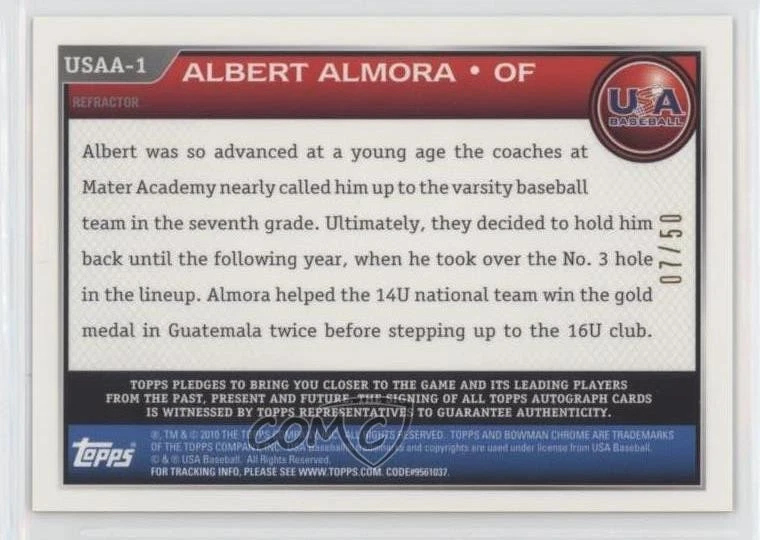 2010 Bowman Draft USA Team Auto Gold Refractor /50 Albert Almora #USAA-1 Auto - Image 2 of 2