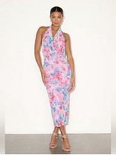Lulus Venus Teal and Pink Floral Mesh Backless Midi Dress LARGE NEW NWT