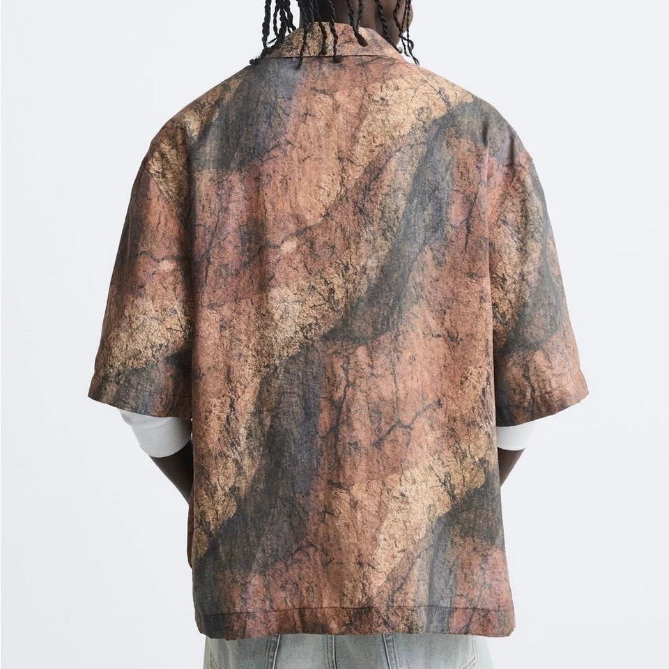 Новый с Ярлыками Zara рубашка на пуговицах мужской S коричневый абстрактный Streetwear ретро инди Sleaze  - Изображение 2 из 4