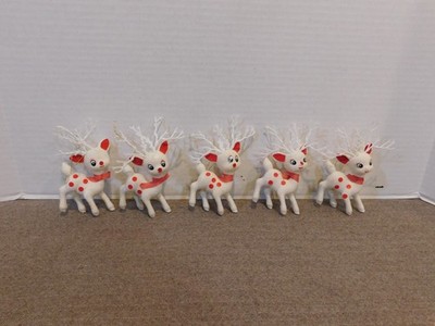 Vintage Flocked White Deer with Antlers Christmas Ornaments Set of 5