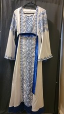 Modern Palestinian Thobe Dress Off-White  Blue Tatreez Embroidered Kaftan Maxi