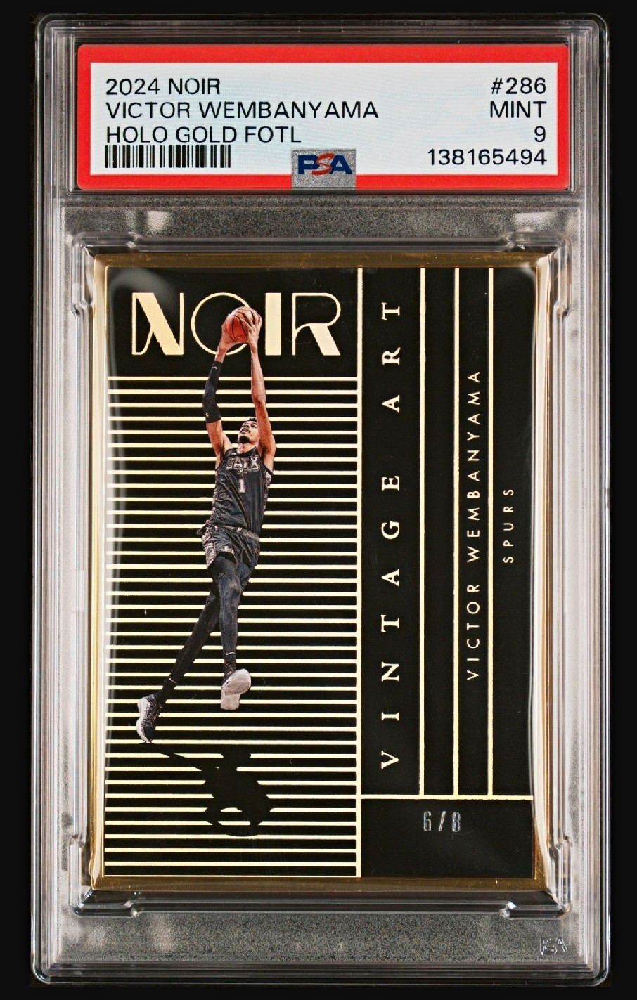 Panini 2024-25 Noir Victor Wembanyama Vintage Art #286 Holo Gold /8 PSA 9 Pop 1