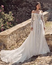 Ivory 3D Floral Lace Wedding Dress Bridal Gown 32-60 Long Sleeve Beaded Glitter