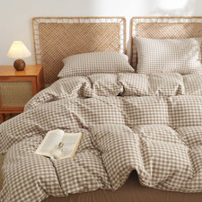 Cotton Gingham Duvet Cover Set King Brown Tan Plaid Bedding  Linen-Like Texture