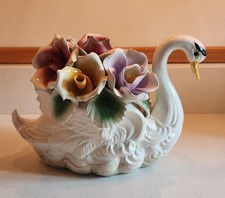 MCM VTG Capodimonte Porcelain Swan Italy Porcelain Floral Roses Centerpiece