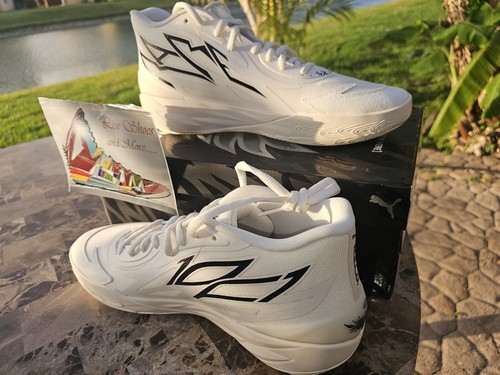 Size 14 Puma MB.02 Frosted Ivory Black Mid Lamelo BasketBall Shoes 378319-01 - Picture 4 of 16