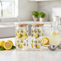 2Er Set Trinkglas 500Ml Zitronen Strohhalm Bambusdeckel Trinkbecher Sommerglas