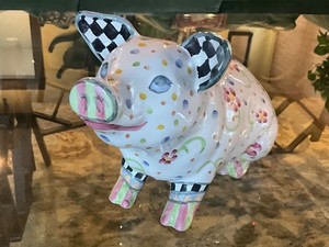 Mackenzie Childs Art Pottery Hand Painted Floral Piggy Bank - Retired