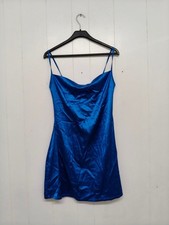 BNWT Missguided Satin Dress Women's Size 12 Blue Strappy Cowl Neck Mini Dress