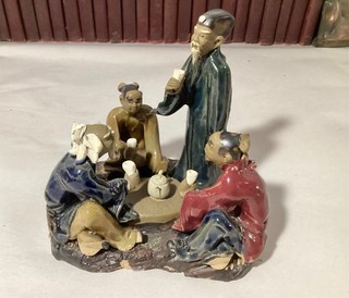 Vintage COLORFUL Chinese Mudman Ceramic Figurines Men Drinking Tea VG CONDITION