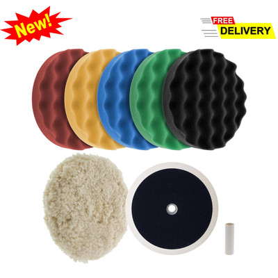 8'' Polishing Buffing Pad Kit 6pc Foam and Wool Set 5/8'' Thread Backing Plate