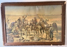 On the Plains H.W. Hansen Western Wagon Train Chromolithograph c. 1905 Framed